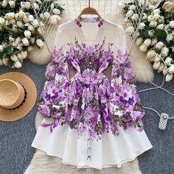 French Print V-neck Puff Sleeve Long Sleeve Single Breasted Dress A-line Casual Women Fashion Autumn Spring Vestidos Clothing