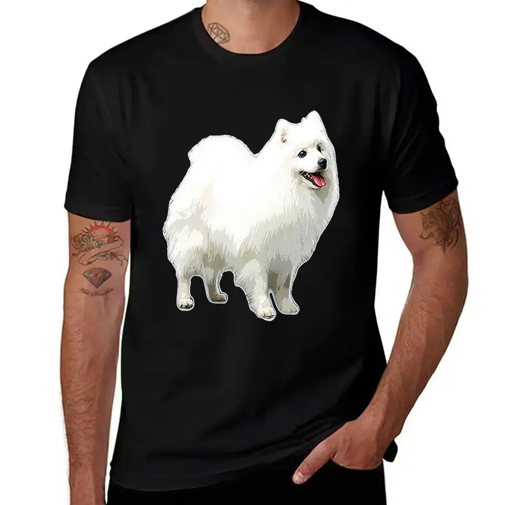 Men's Pure Cotton T-Shirt Cute White Fluffy Samoyed Print Casual Crew Neck Short Sleeve Top for Daily Wear