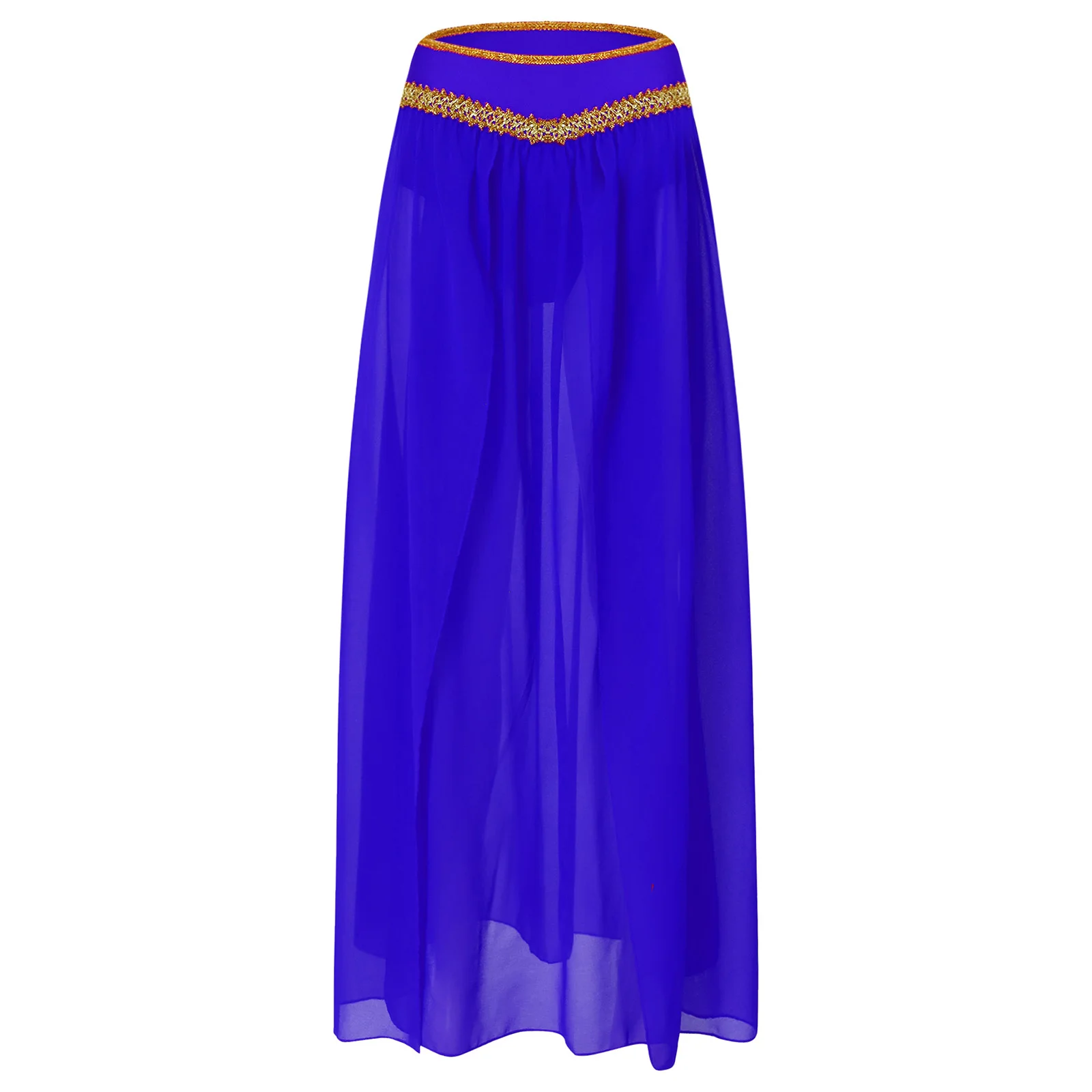 

Women Lyrical Belly Dance Performance Maxi Skirt Gold Trim Built-in Briefs Slit Chiffon Skirt for Belly Ballet Dance Skirts