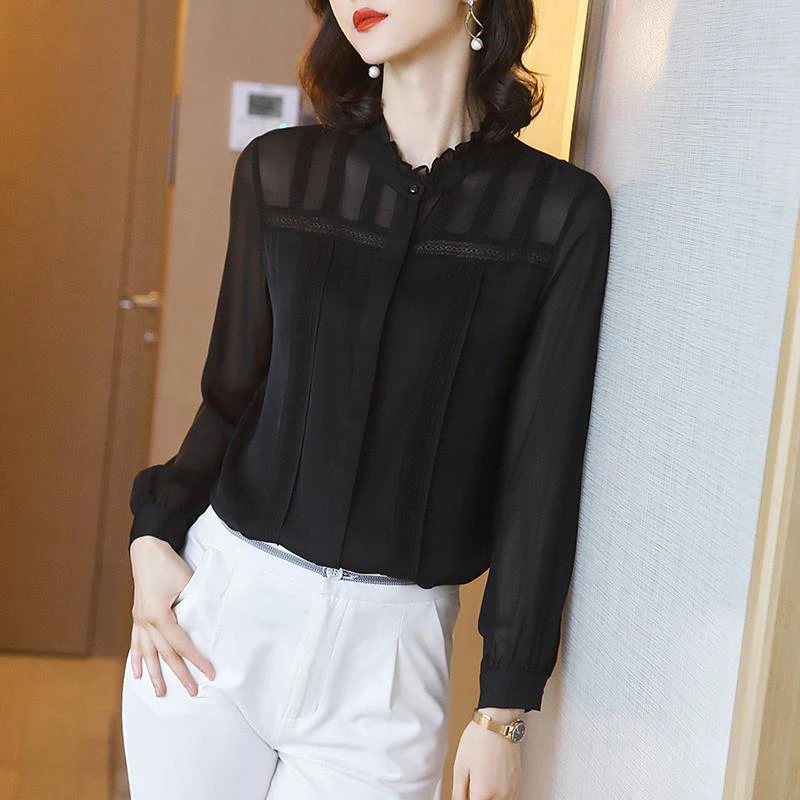 Spring Summer Elegant Fashion Black Lace Patchwork Shirt Female Long Sleeve Temperament All-match Blouse Women\'s Cardigan Top