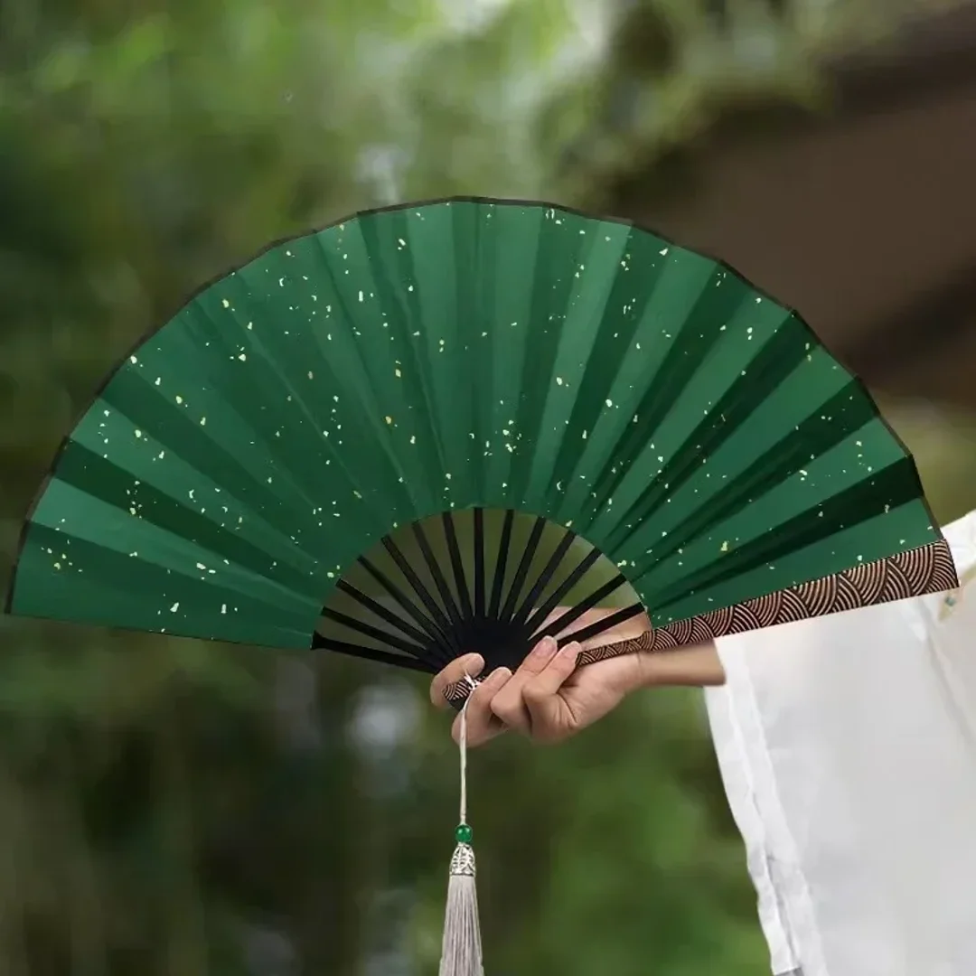 Cloud Pattern Fine Carved Rice Paper Folding Fan Black Sprinkled Gold Silk Cloth Antique Sea Wave Pattern China-Chic Fan