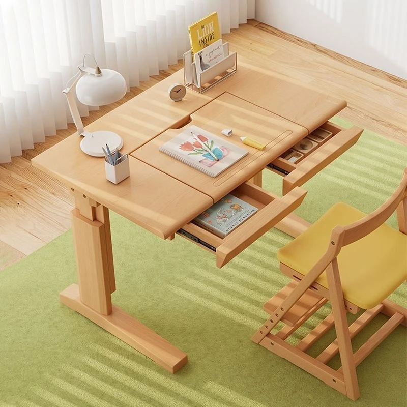 

Solid wood desk Student home writing table can be lifted and lowered Simple children's learning