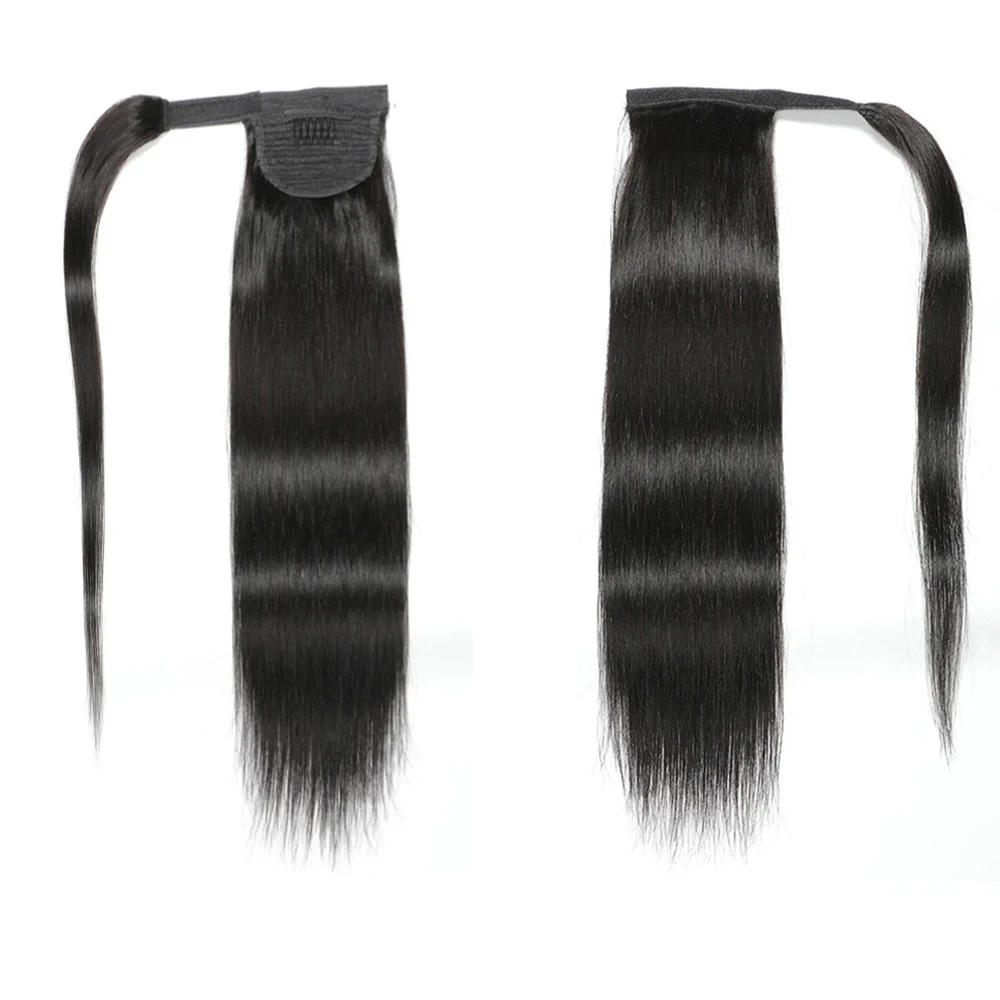 Straight Ponytail Extension Human Hair With Magic Paste Warp Around 100% Brazilian Virgin Human Hair For Women #1B Natural Color