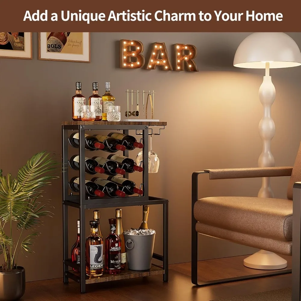 3-Tier Freestanding Wine Rack with Glass Holder, Versatile Liquor Display Stand for Home Bar in Black and Brown