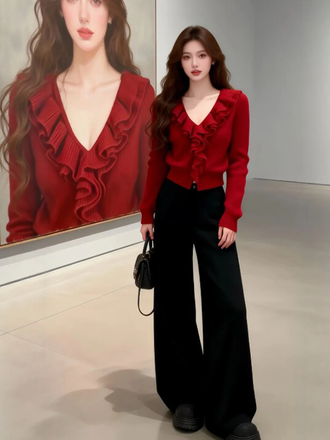 

Red Knitted Slim Fit Sweater Women's Fashionable Spring New Style V-neck Long Sleeve Casual Comfortable Breathable Breathable