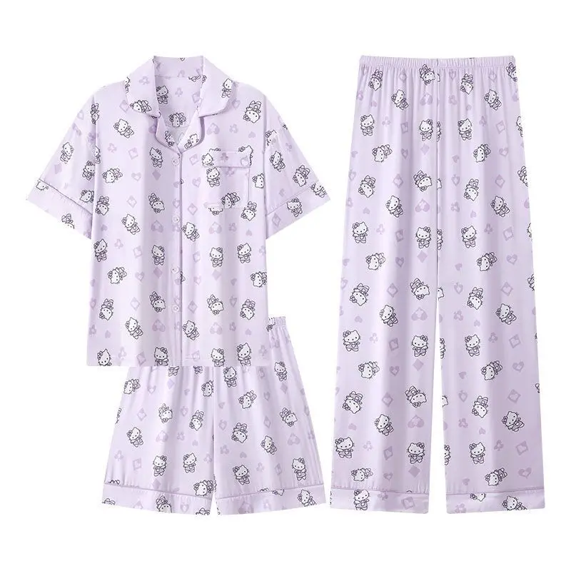 

Anime 2026 New Hello Kitty Pajamas for Women Ice Silk Short Sleeve Three Piece Set Summer Lilac Purple Home Wear Cartoon Sanrio