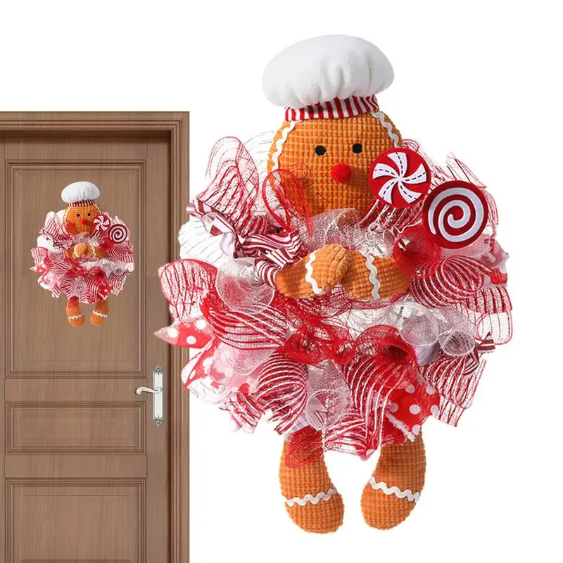 

Gingerbread Wreath Farmhouse Christmas Mesh Front Door Wreath With LED String Festival Theme Party New Year Decor Wreath home