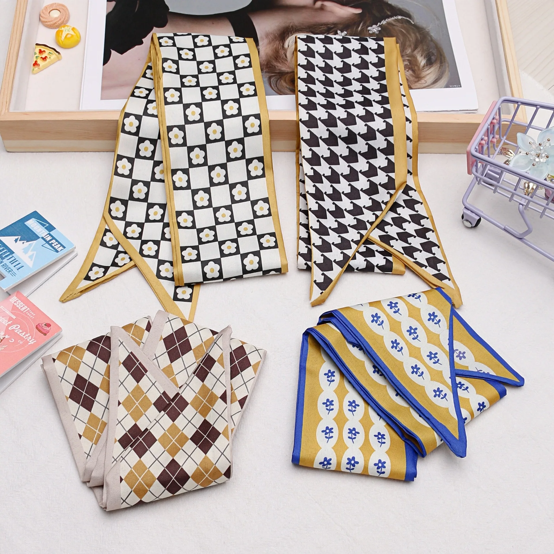 Yellow plaid silk scarves clothing matching for Women, Vintage Bohemian Silk Scarf Wrap, Neck Head Daily Travel Gift Trendy