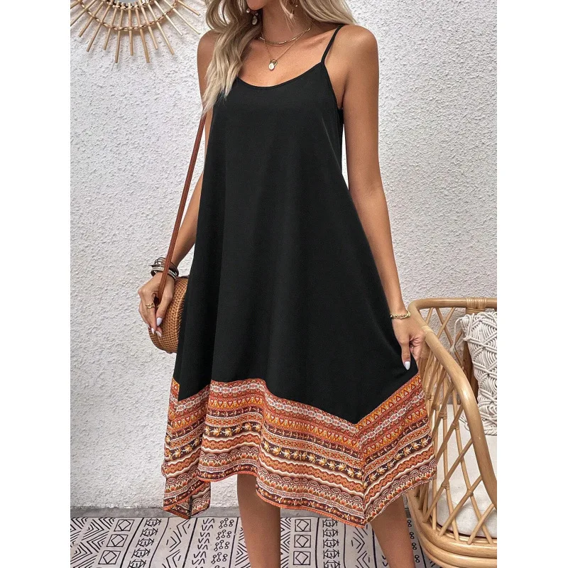 

Summer Print Patchwork Irregular Hem Dress Sleeveless Loose Waist Mini Skirt