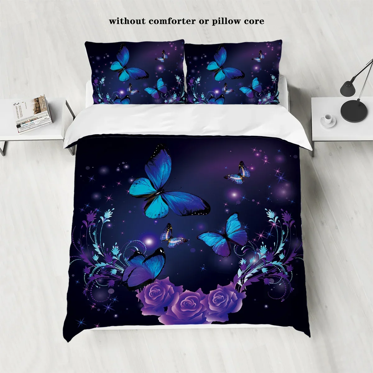 3-piece down duvet cover set with purple butterfly and rose pattern print (1 duvet cover+2 pillowcases, no core) bedding set