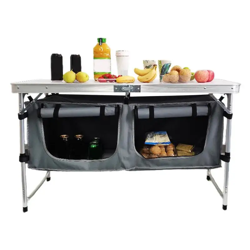 

Portable Folding Table Camping Tableware Table With Cloth Cabinet Aluminum Alloy Travel Storage Table Fireproof Waterproof