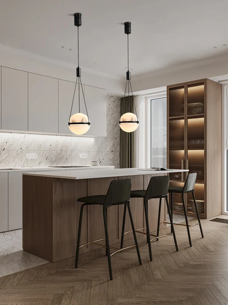Modern LED Spherical Natural Marble Pendant Light, Home Decor Dining Table Kitchen Island Alabaster Hanging Lamp Black Stone