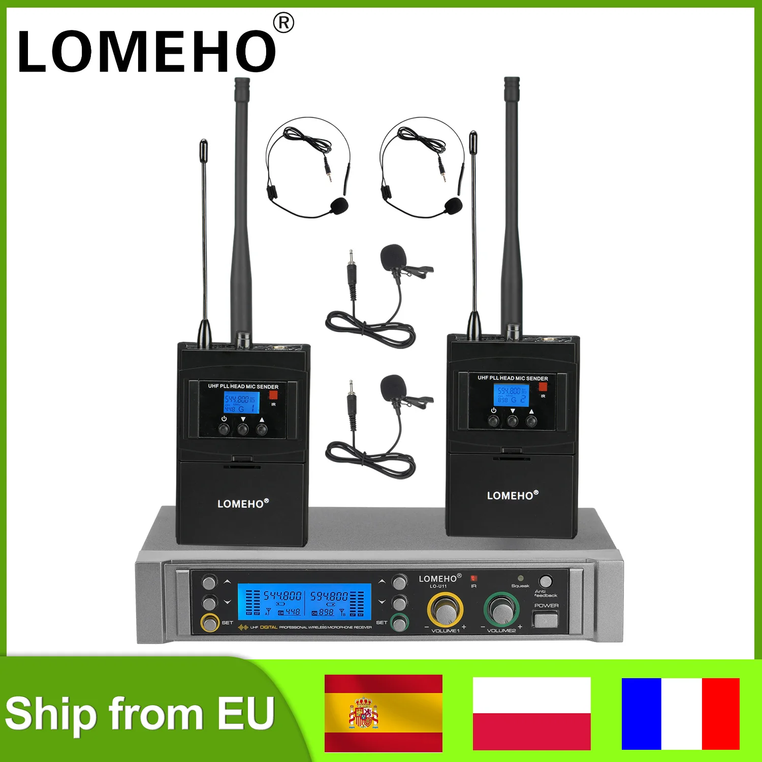 LOMEHO 2*450 Adjustable Frequency Wireless Microphone 2 Lavalier 2 Head Mic UHF Bodypack Transmitter Stage Party Church LO-U11H2