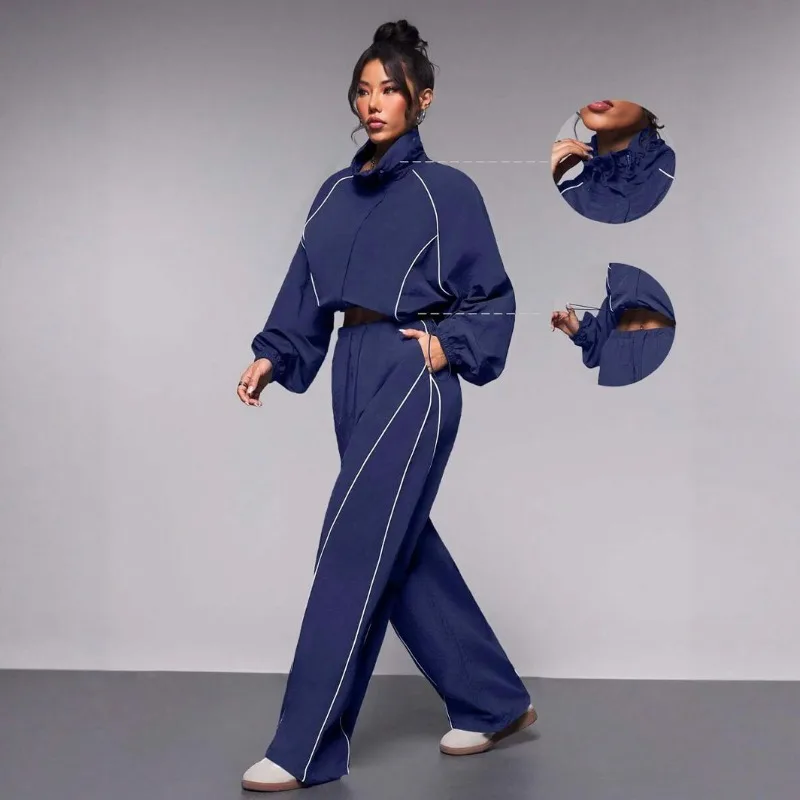 Featuring Fashion Color-blocking Drawstring Sport Jacket Long Pants New Cross-border Casual Women's Clothing Set Europe America
