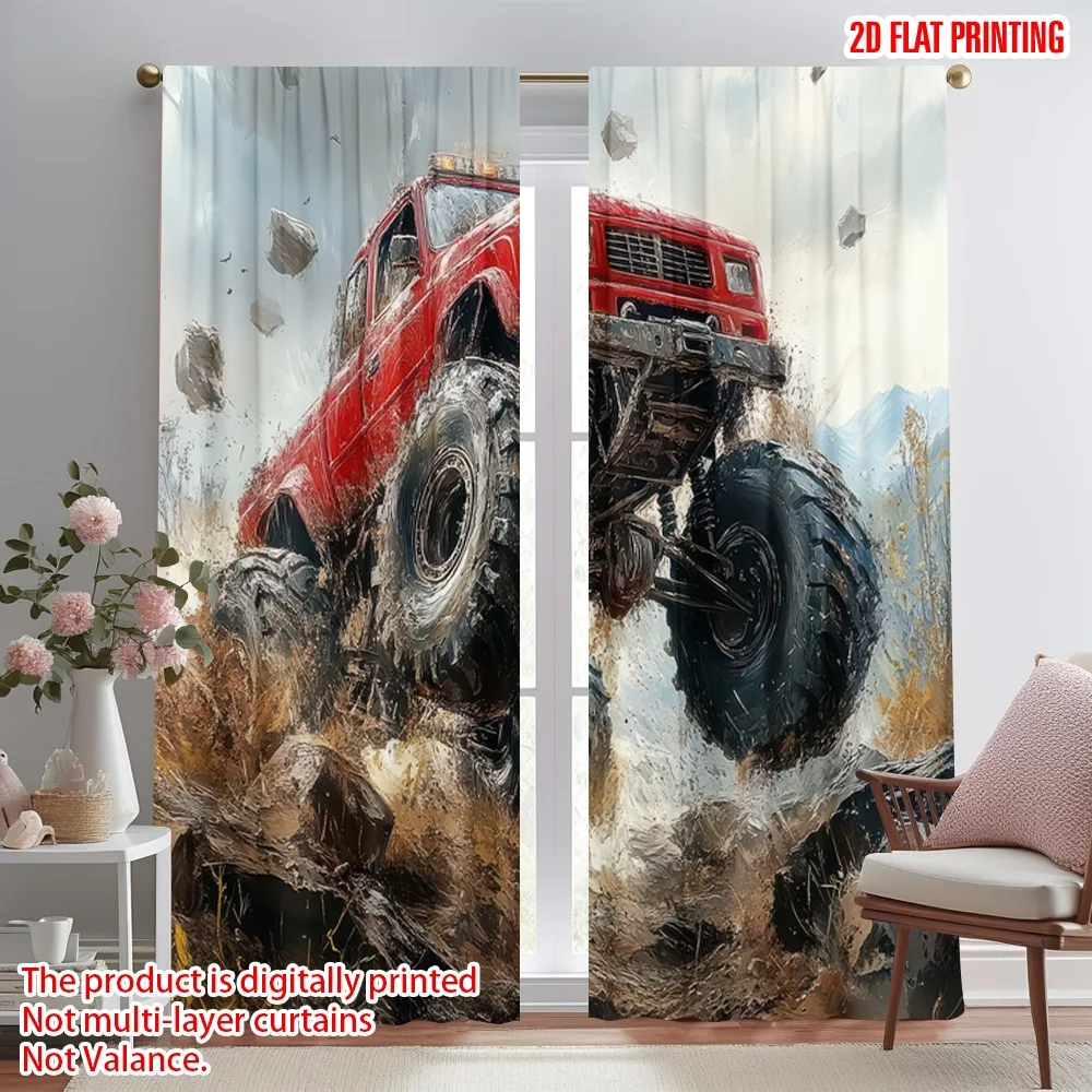 

2D flat printing 2pcs Window Curtains Red Monster Truck Adventure Digital Printed Polyester Drapes All Season Party & Holiday