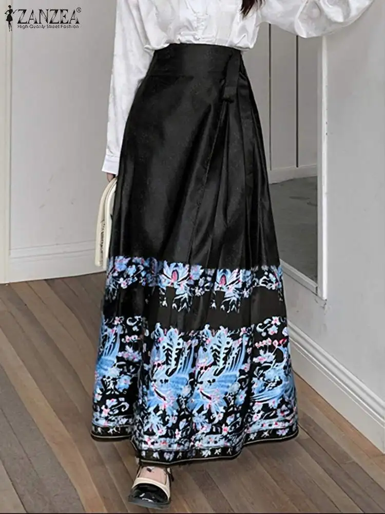 

ZANZEA Women Retro Pleating Bottoms Fashion Horse-face Skirt New 2024 Chinese Style Printed Jupes Vintage Loose Maxi Overskirts