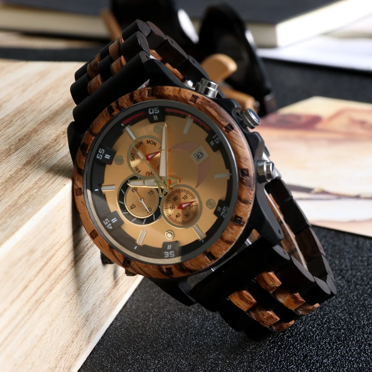 Wood Wrist Watches for Men Fashion Multifunction Golden Face Quartz Wristwatches Personalized Men's Anniversary Customized Gifts