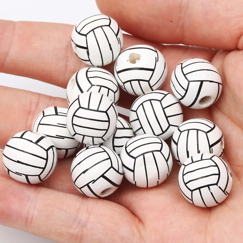 Wooden Round Bead Volleyball Pattern Spacer Beads For Handmade DIY Necklace Bracelet Jewelry Making Accessories 16mm/10Lot