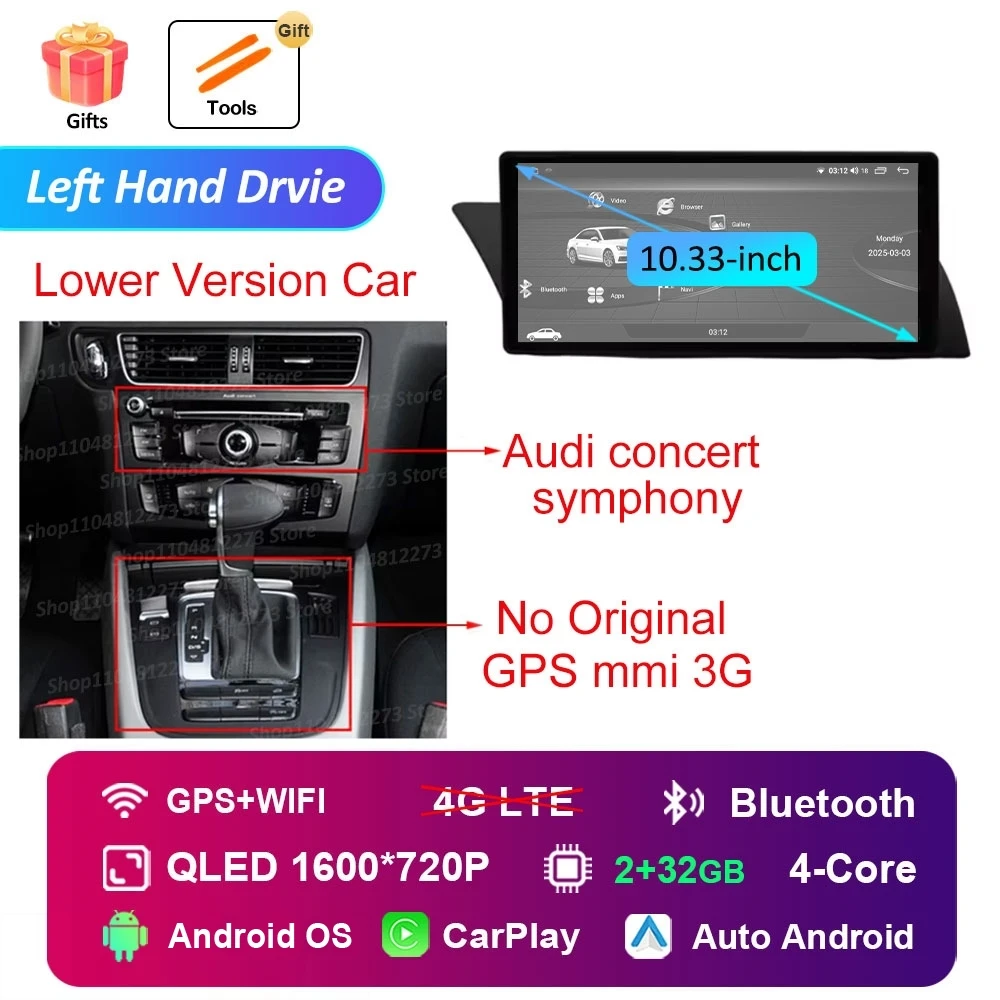 Linkerhand Drvie voor Audi A4 B8 A5 2009-2016 Autoradio Videospeler Android 16 Carplay Navigatie GPS 4G HD Touchscreen