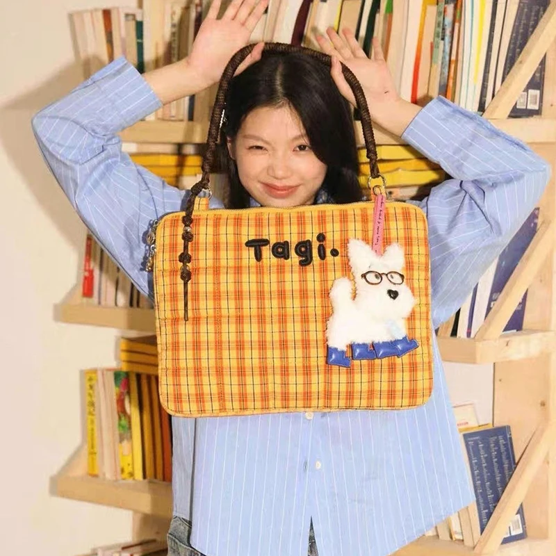 Cute Laptop Sleeve Tablet Sleeve Girl Bag Korean Simple Plaid Bag Large Capacity Laptop Handbag Notebook Pouch Ladies Tote Bags