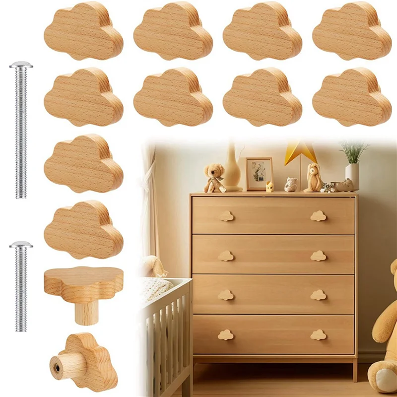 FAST-Boho Dresser Knobs- 24 Pack Durable Beech Wood Drawer Knobs Cloud-Shaped Wooden Dresser Pulls For Cabinets, Furniture