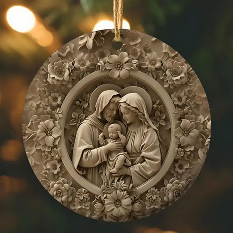 Dekorasi Natal Katolik cetak 3D bulat liontin adegan kelahiran akrilik hiasan Natal 4in ornamen natal