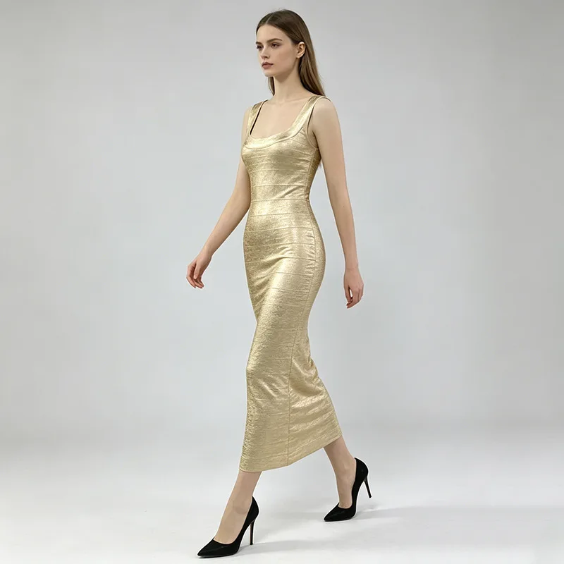 Women's Gold Square Neck Bodycon Bandage Dress Sexy Sleeveless Low Cut Backless Long Evening Party Cocktail Gown Fashion Style - view 3