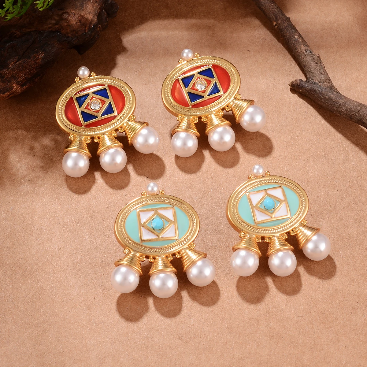 

Vintage Ethnic Gold Plated Enamel Pearl Drop Earrings for Women | Boho Moroccan Indian Style Dangling Earrings Jewelry