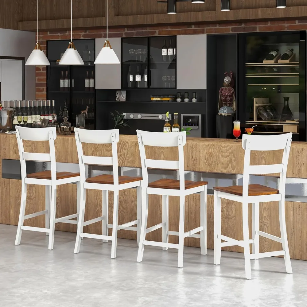 

Wooden Bar Stools Counter Height Set of 4, with Solid Rubber Wood Frame, Backrest, 24.5" Farmhouse Wood Bar Dining Chairs