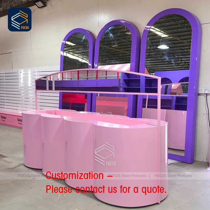 custom.Custom Retail Beauty Shop Curved Front Display Counter Pink Metal Structure Cosmetic Commercial Display Cabinet Des