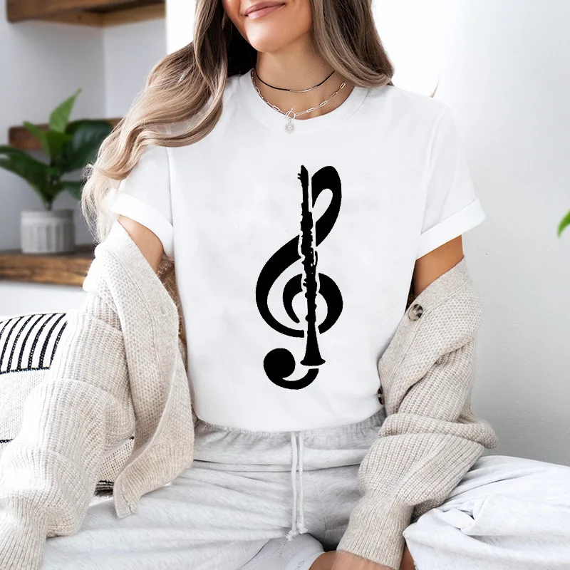 

Music Notes Print Graphic Fashion Girls T-Shirts Harajuku White Clothing Short Sleeve Summer Tees Casual Female Crew Neck Tops