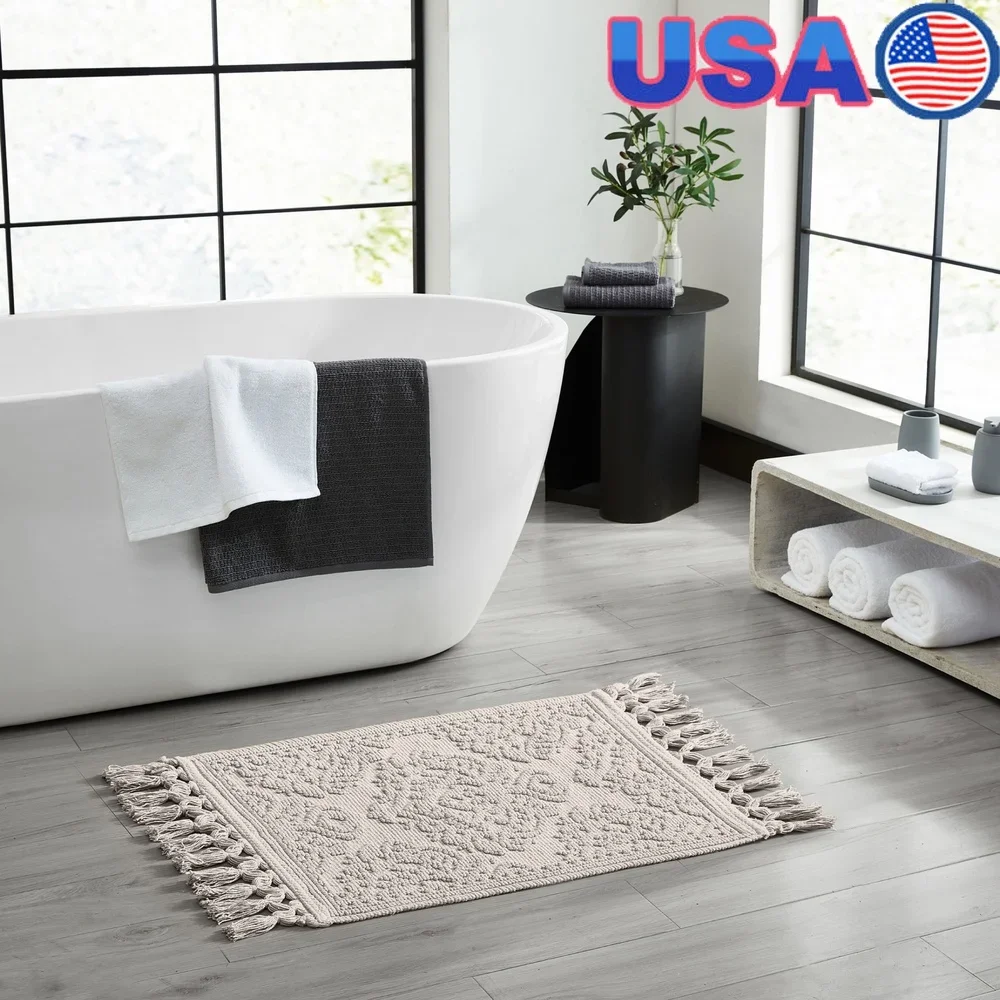 

Машинная стирка, хлопковый коврик для ванной с геометрическим рисунком, 17x31 дюймов, мягкий впитывающий домашний коврик с бахромой