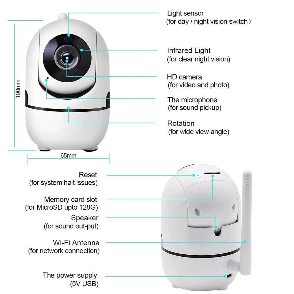 1080P Indoor Wifi Camera PTZ Rotation 355° Baby Monitor with Infrared LED Night Vision Motion Detection Alarm Push Ycc365plus