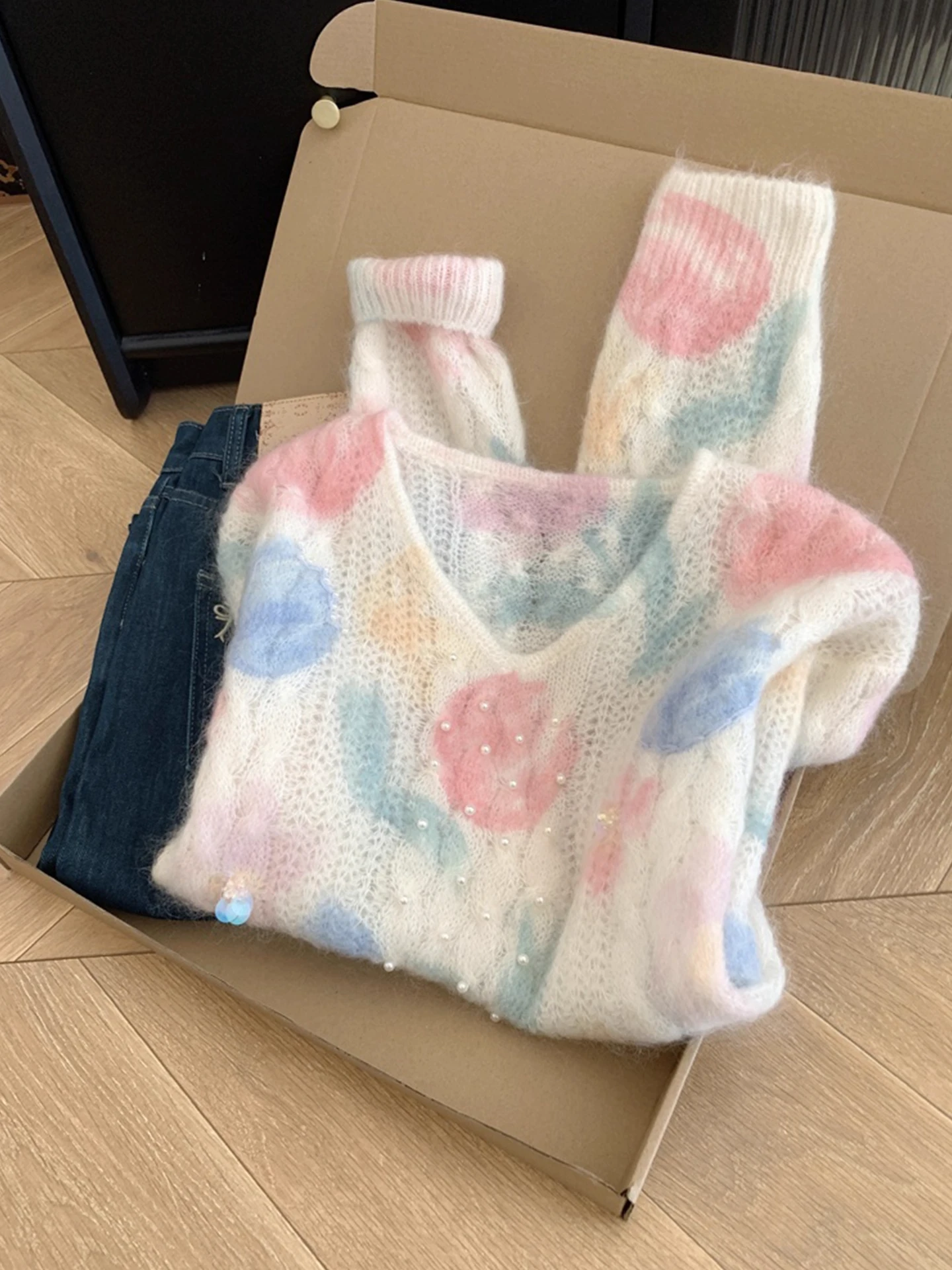 

Loose Long Sve Sweater Autumn Faion Soft Knitted Casual Commute Sle Color Blo Gentle Sle Pearl Embellied Top