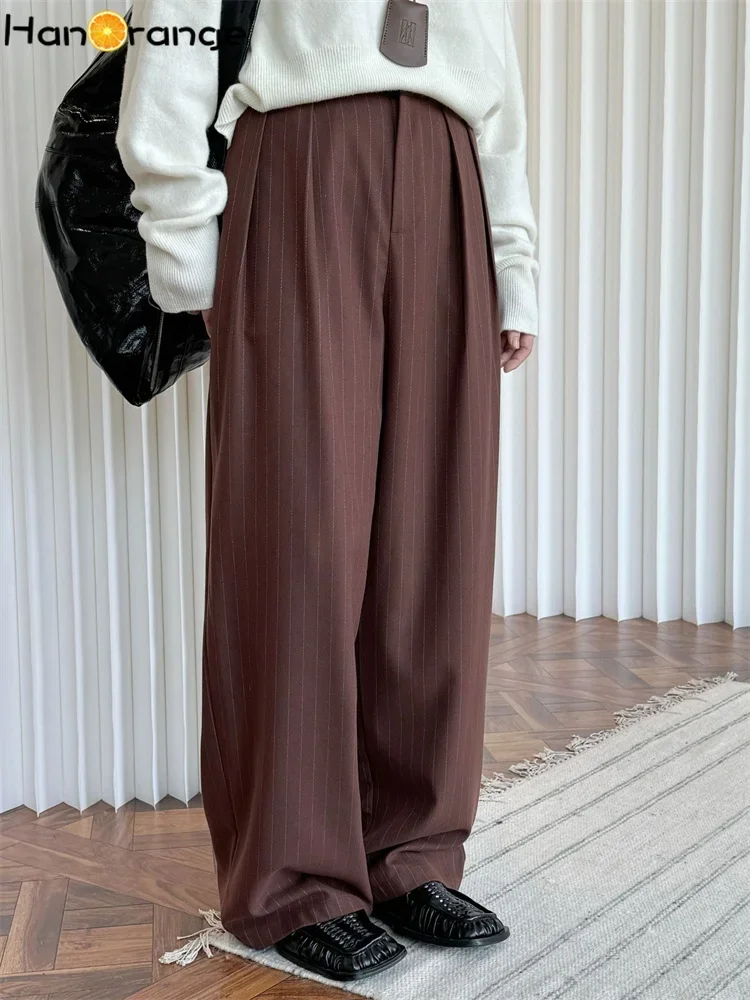 

HanOrange 2024 Spring Double Pleated Striped Trousers Women Smooth Drape Loose Wide Leg Pants Deep Coffee/Navy Blue