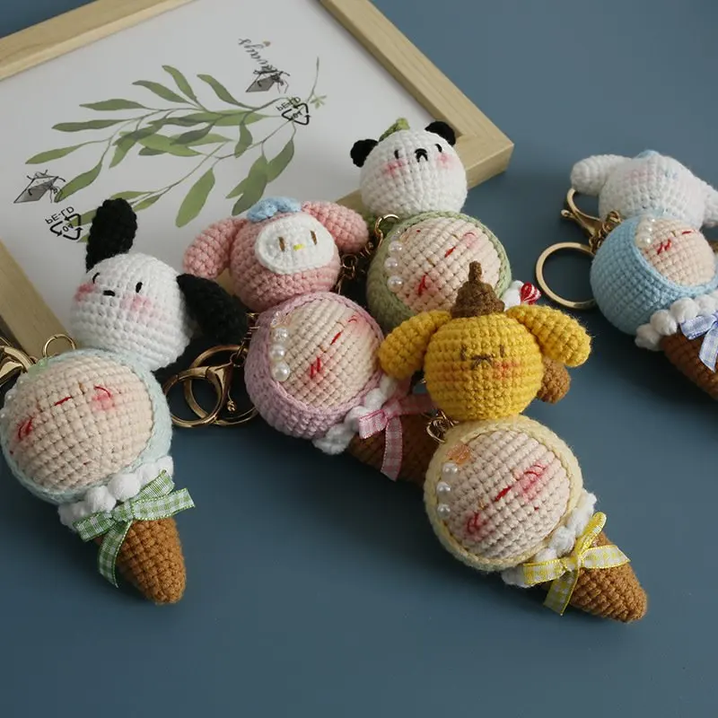 Handmade Crochet Stuffed Key Chain Cute Knitted Ice Cream Doll Key Ring Pendant for Boys Schoolbag Keychain  Amigurumis Finished