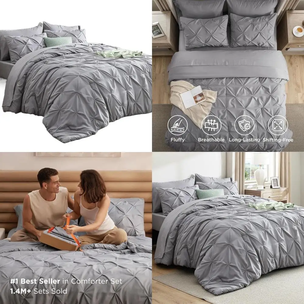 

Grey Oversized King Comforter Set - 7-Piece Bedding with Pinch Pleat Design, Sheets, Pillowcases & Shams