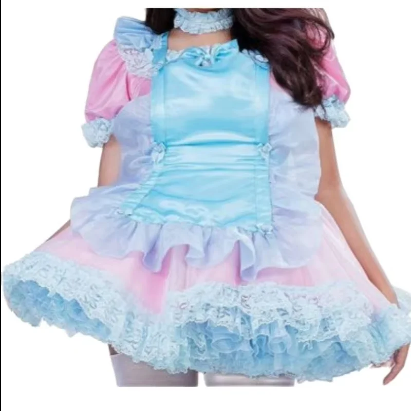 Fashion Adult Giant Baby Sexy Girl Pink Satin Blue Apron Sissy Role Play Girl Makeup Ball Maid Customized Multi Color