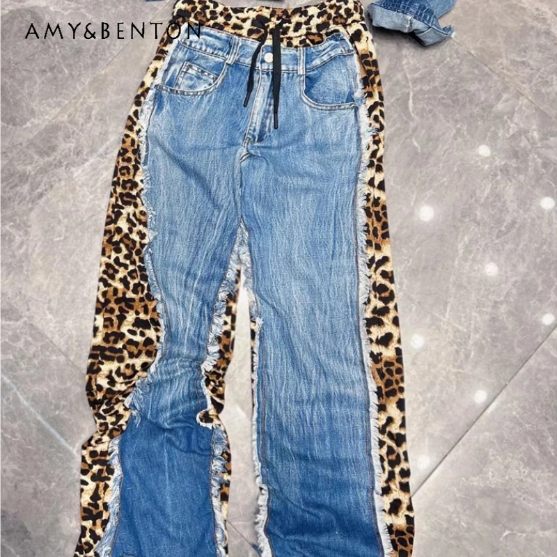 

Personalized Popular Design Leopard Print Splicing Jeans Women's 2024 Autumn And Winter New Elastic Waist Straight Denim Pants