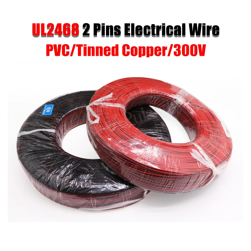 

5m/10m/20m UL2468 2 Pins Electrical Wire 30 28 26 24 22 20 18 16AWG Tinned Copper Insulated PVC Extension LED Strip Cable