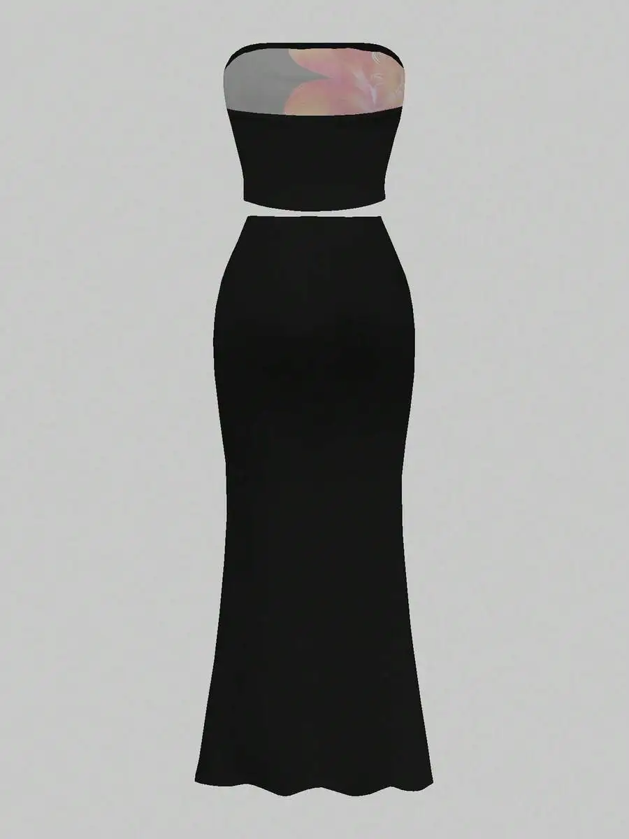 Set di top corto senza spalline con stampa floreale da donna e gonna lunga, completo estivo per feste in spiaggia