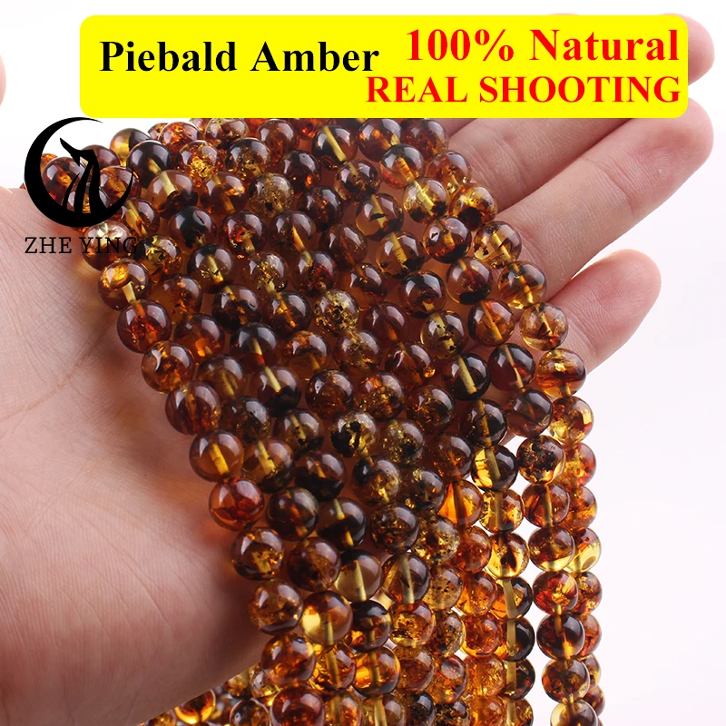 Zhe Ying Genuine Round Piebald Amber Beads Loose Natural Healing Power Stone Beads for Jewelry Making Bracelet Diy Accessories