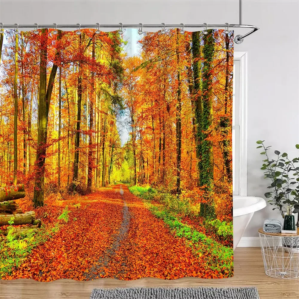 Beautiful Autumn Forest Landscape Shower Curtain Golden Leaves Romantic Nature Landscape Polyester Shower Curtains Bathroom Deco
