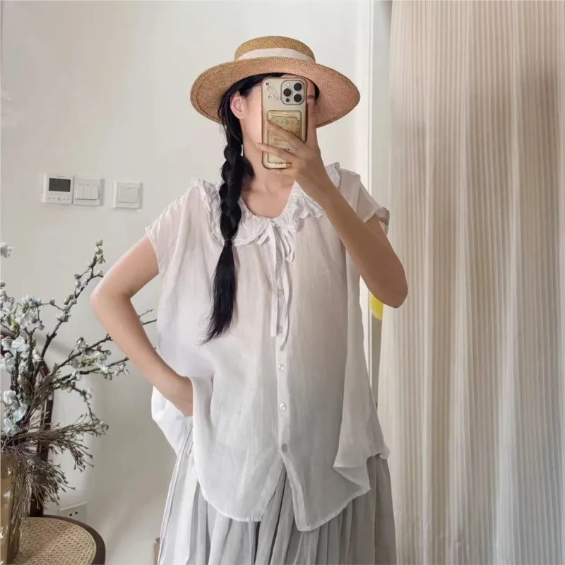 

Johnature New Ramie Dropped Shoulder Sleeveless Doll Collar Women Shirt 2025 Summer Casual Vintage Sen Women Tops
