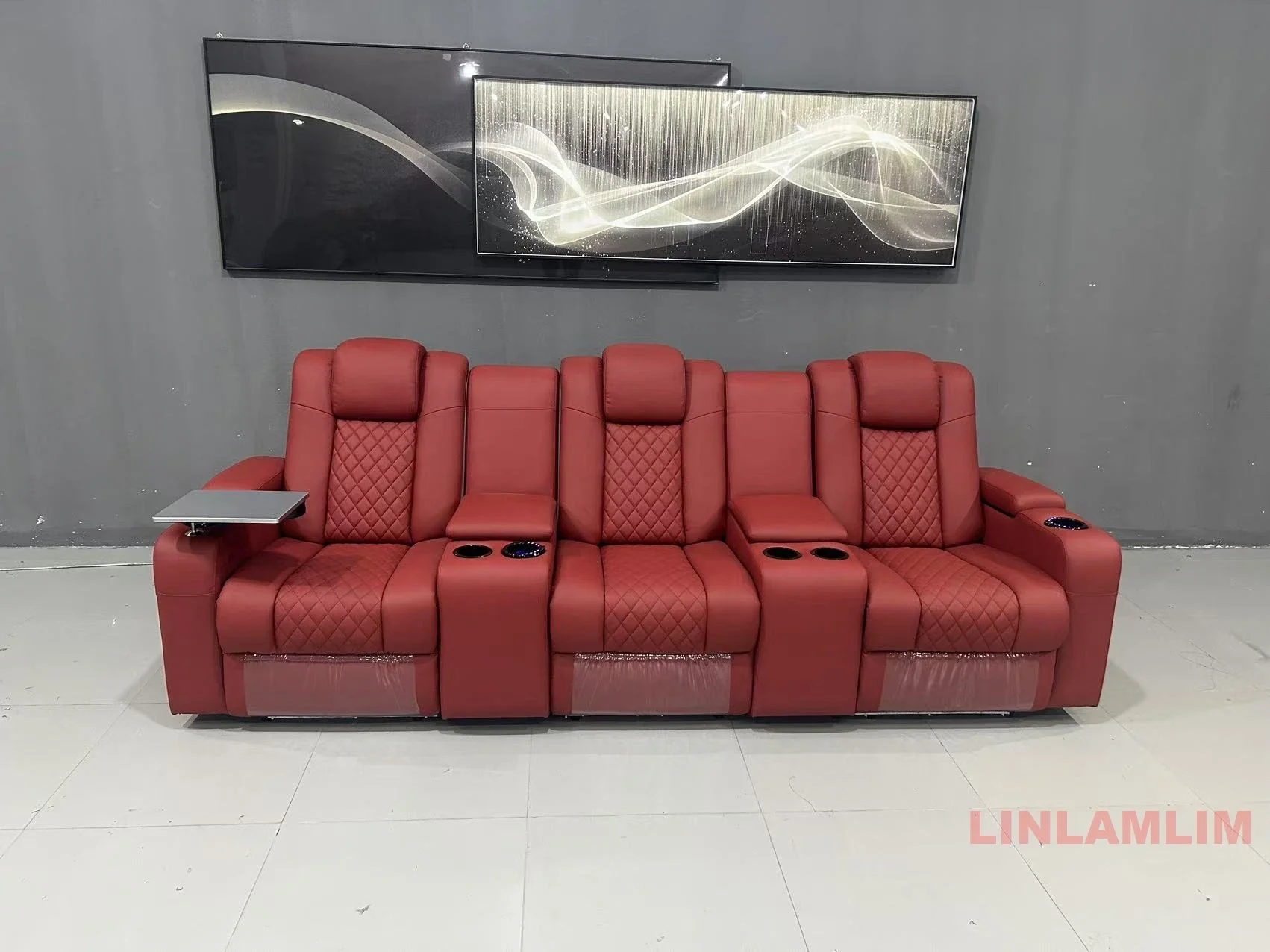 Linlamlim Luxury 3-Seat Recliner Sofa with Cup Holders, Leather Home Theater Seating, Cinema Recliner Couch with Center Console image 5