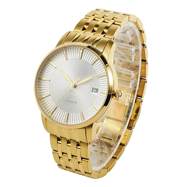 Gold Stainless Steel Mechanical Watch With Calendar Display 30M Waterproof Watch Logo Custom Japanese Nh35 Movement Luxury Watch