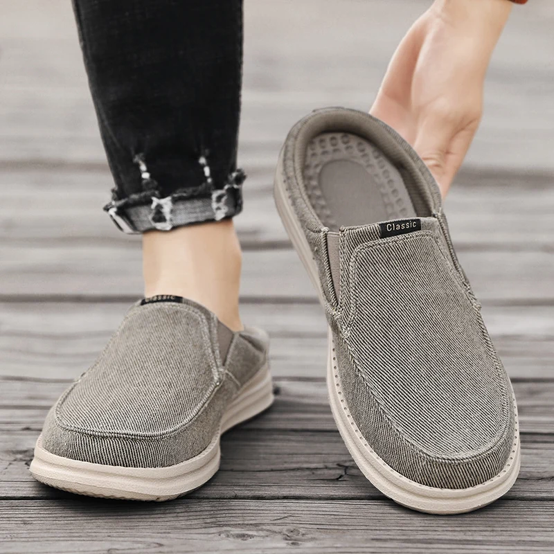 Men Summer Fashion Canvas Casual Mules Male Breathable Comfy Canvas Half Loafer Slippers Concise Leisure Sandals Plus Size 39-47