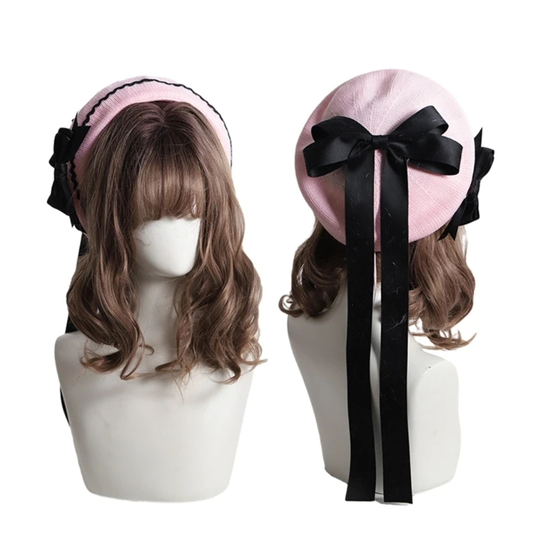 Lolita Ribbon Bowknot Beret Cap Anime Maid Cosplay Octagonal Hat Women Cool Girl Spring Autumn Painter Hat for School Shopping