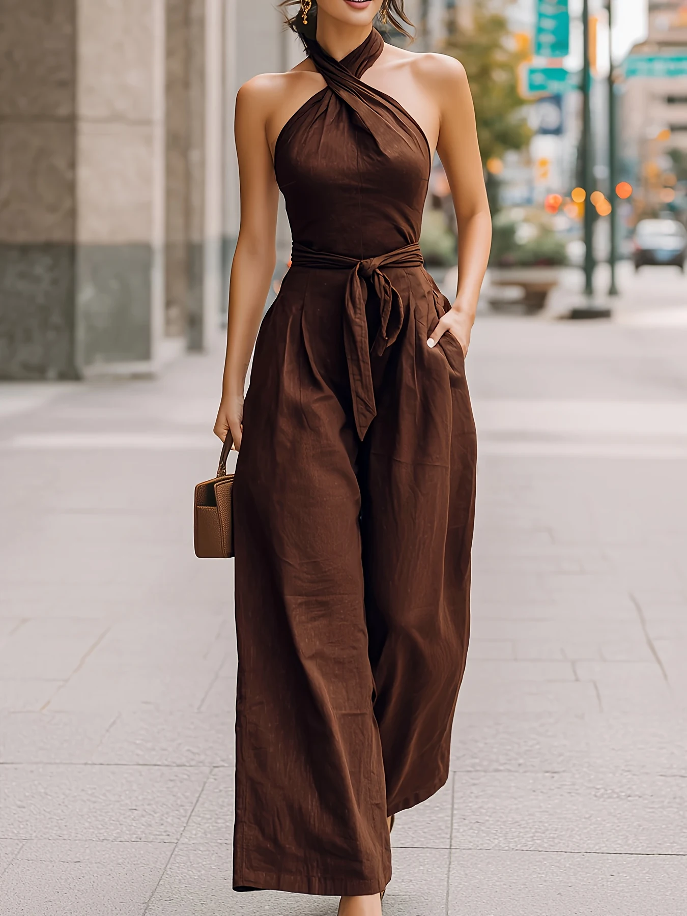 

Fashion Sexy Jumpsuit for Women, Linen Blend Brown Halter Neck Wide Leg One-Piece