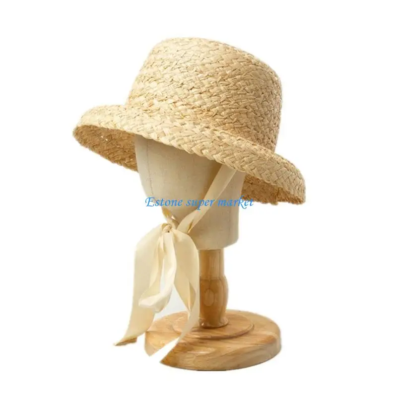 

090B Straw Hat for Girls Sun Protective Flat Top Hat with Lace-up Strap Breathable Wide Brim Sun Cap Toddler Girl Panama Hat